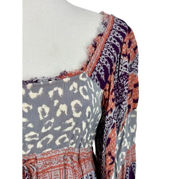 Free People Boho Flowy Printed Bell Sleeve Crisscross Back Hippie Mini Dress - Picture 4 of 14